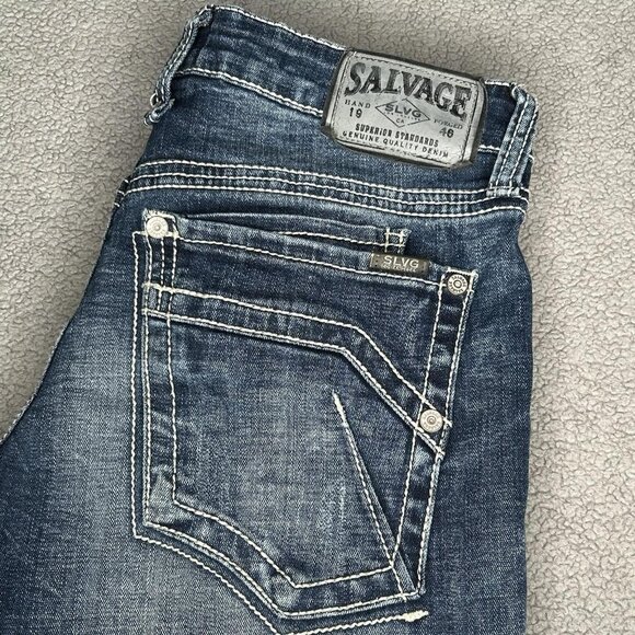 Salvage Mayhem Jeans Mens 32x31 Blue Bootcut Contrast Thick Stitch Buckle Y2K - Picture 1 of 14